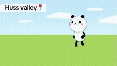 Cartoon Panda In Grassy Field With Huss Valley Sign GIF