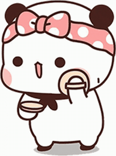 Cartoon Panda In Pink Headband Holding Cup GIF