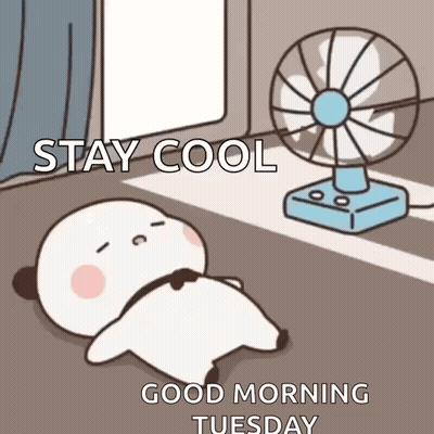 Cartoon Panda Laying by Fan Stay Cool Good Morning Tuesday