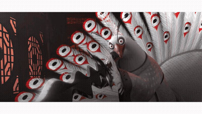 Cartoon Peacock With Red And White Feathers At Window GIF