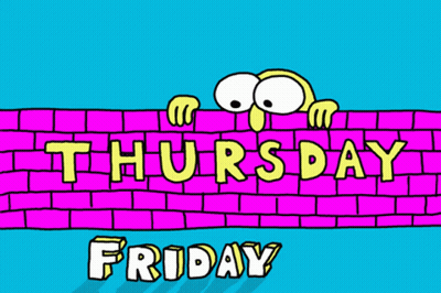 Cartoon Peeking Over Pink Brick Wall Saying Thursday Friday GIF