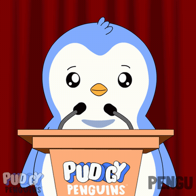 Cartoon Penguin At Podium With Pudgy Penguins GIF