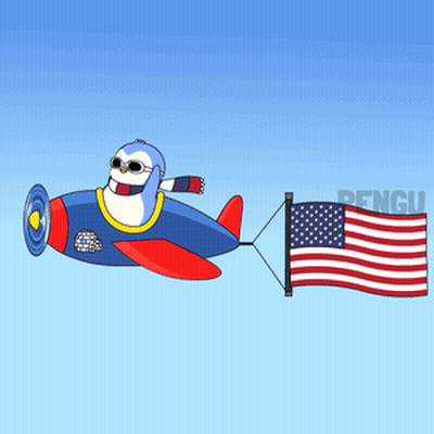 Cartoon Penguin Flying Blue Airplane With Flag GIF