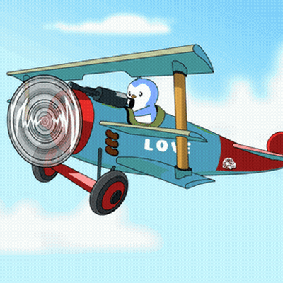 Cartoon Penguin Flying Blue And Red Airplane With Love GIF