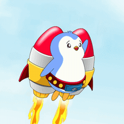 Cartoon Penguin Flying With Rocket Belt GIF