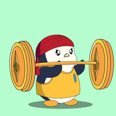 Cartoon Penguin Holding Barbell With Coin GIF
