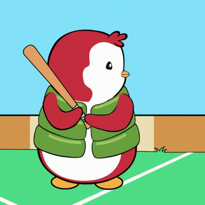 Cartoon Penguin Holding Baseball Bat In Green Vest GIF