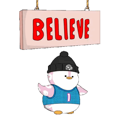 Cartoon Penguin Holding Believe Sign Sticker