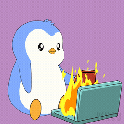 Cartoon Penguin Holding Coffee Next To Laptop GIF