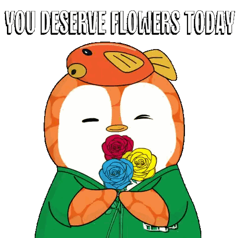 Cartoon Penguin Holding Flowers Deserve Flowers Today Sticker