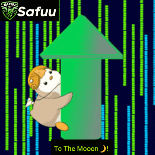Cartoon Penguin Holding Green Arrow Safuu GIF
