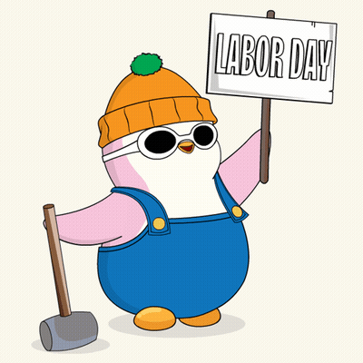 Cartoon Penguin Holding Labor Day Sign GIF