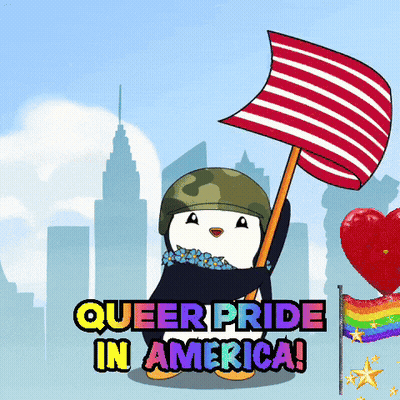Cartoon Penguin Holding Queer Pride In America Flag GIF