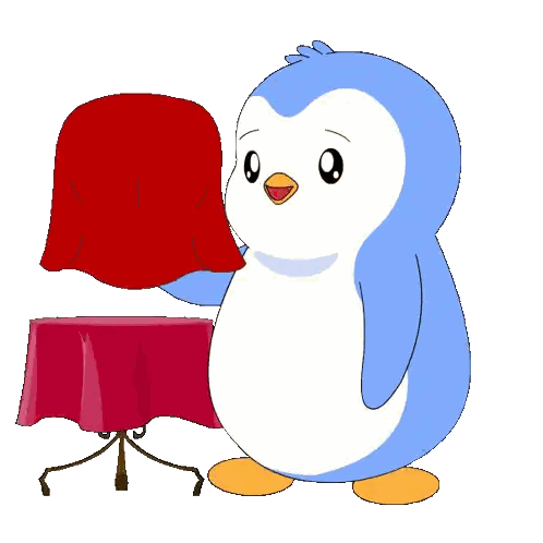 Cartoon Penguin Holding Red Blanket And Black Cube Sticker
