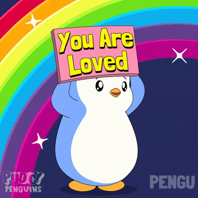 Cartoon Penguin Holding Sign Saying You Are Loved GIF
