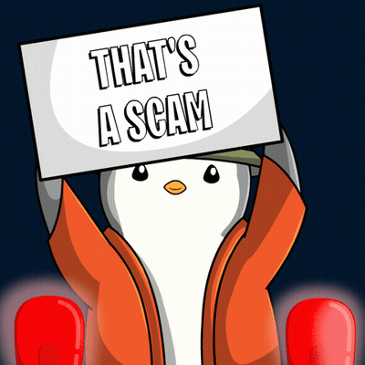 Cartoon Penguin Holding Sign That's A Scam GIF