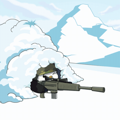Cartoon Penguin Holding Sniper Rifle in Snow