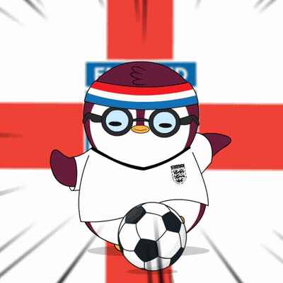 Cartoon Penguin Holding Soccer Ball In Front Of England Flag GIF