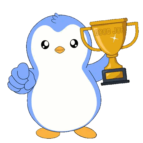 Cartoon Penguin Holding Trophy Saying Good Job Sticker