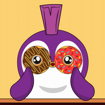 Cartoon Penguin Holding Two Donuts Over Eyes GIF