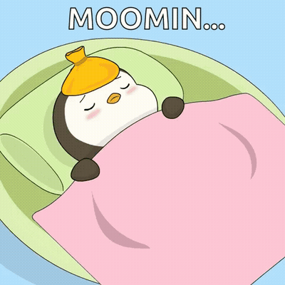 Cartoon Penguin In Bed With Hot Water Bottle Saying Moomin GIF
