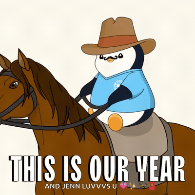 Cartoon Penguin In Cowboy Hat Riding Horse GIF
