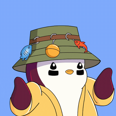 Cartoon Penguin In Fisherman's Hat With Fish Hanging GIF