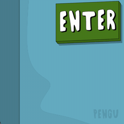 Cartoon Penguin In Front Of Green Enter Sign GIF