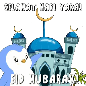 Cartoon Penguin In Front Of Mosque Saying Eid Mubarak Sticker