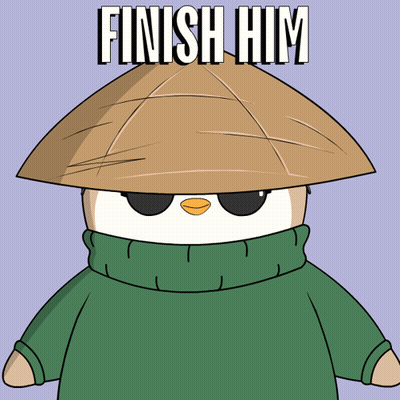 Cartoon Penguin In Green Sweater And Hat Saying Finish Him GIF