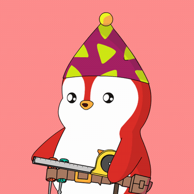 Cartoon Penguin In Party Hat Holding Tape Measure GIF