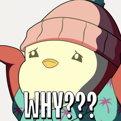 Cartoon Penguin In Pink Hat And Blue Scarf Saying Why GIF
