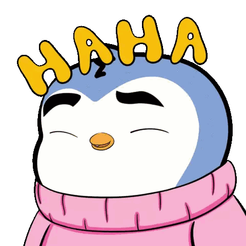 Cartoon Penguin In Pink Sweater With Crown Saying Haha Sticker