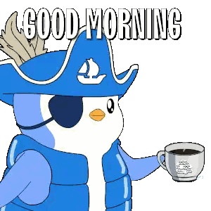 Cartoon Penguin In Pirate Hat Holding Coffee Sticker