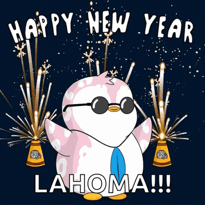 Cartoon Penguin In Sunglasses And Tie Says Happy New Year Lahoma GIF