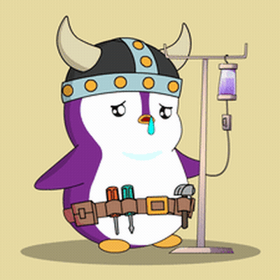 Cartoon Penguin In Viking Helmet Holding Needle GIF