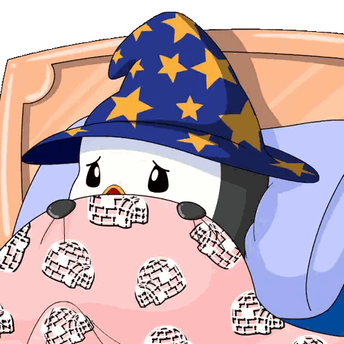 Cartoon Penguin In Wizard Hat Laying In Bed Sticker