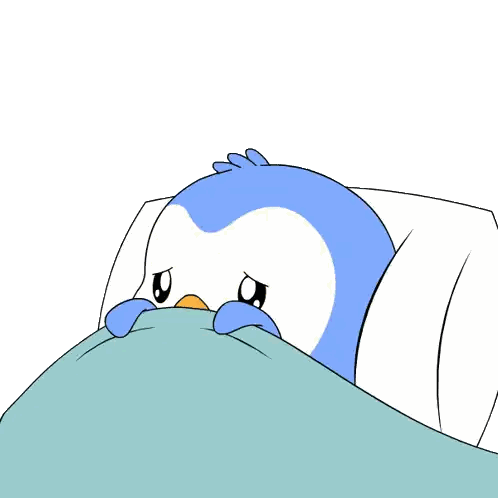 Cartoon Penguin Laying In Bed With Blue Blanket Sticker