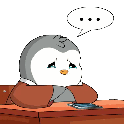 Cartoon Penguin Sitting At Desk With Cell Phone And Speech Bubble Sticker