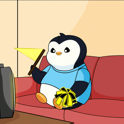 Cartoon Penguin Sitting On Couch Holding Yellow Flag GIF