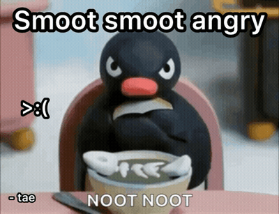 Cartoon Penguin Sitting With Coffee And Saying Smoot Smoot Angry GIF