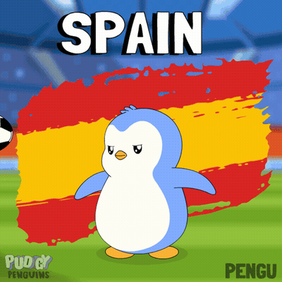Cartoon Penguin Standing In Front Of Spain Flag GIF