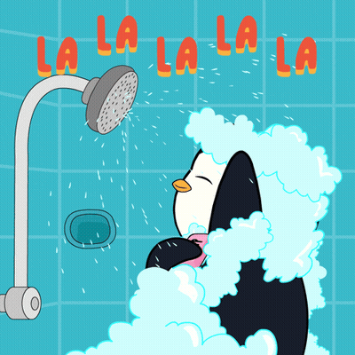 Cartoon Penguin Taking Shower Saying La La La La GIF