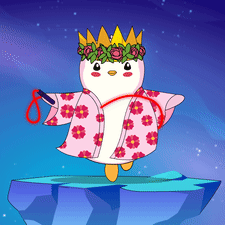 Cartoon Penguin Wearing Crown And Pink Kimono GIF