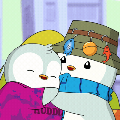 Cartoon Penguin Wearing Huddle Shirt GIF