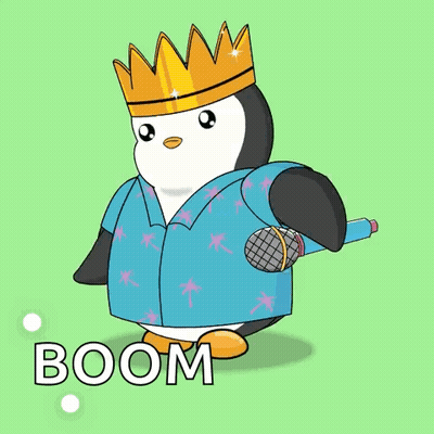 Cartoon Penguin With Crown Holding Microphone Boom GIF