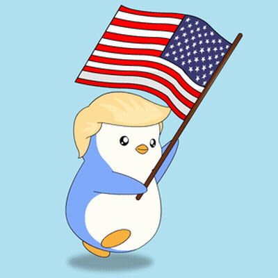 Cartoon Penguin With Donald Trump Hair Holding American Flag GIF