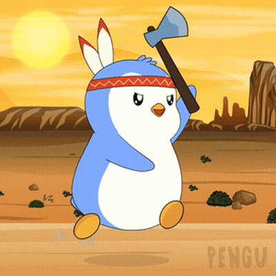 Cartoon Penguin With Headband Holding Axe GIF