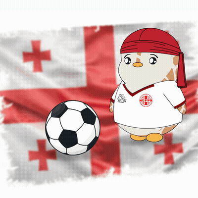 Cartoon Penguin With Red Headband And Soccer Ball In Front Of Georgian Flag GIF