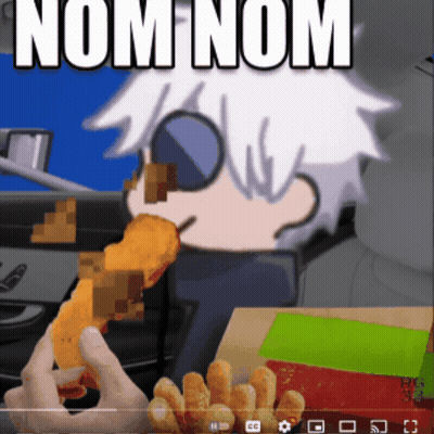 Cartoon Person Eating Chicken Nugget Saying Nom Nom GIF